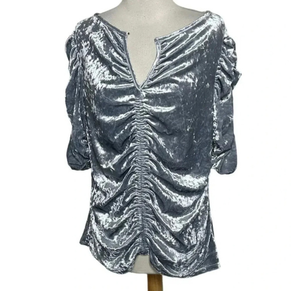 Boston Proper Top XL Silver Crushed Velvet Ruched Front Split Neck Elbow Sleeve - Picture 6 of 9